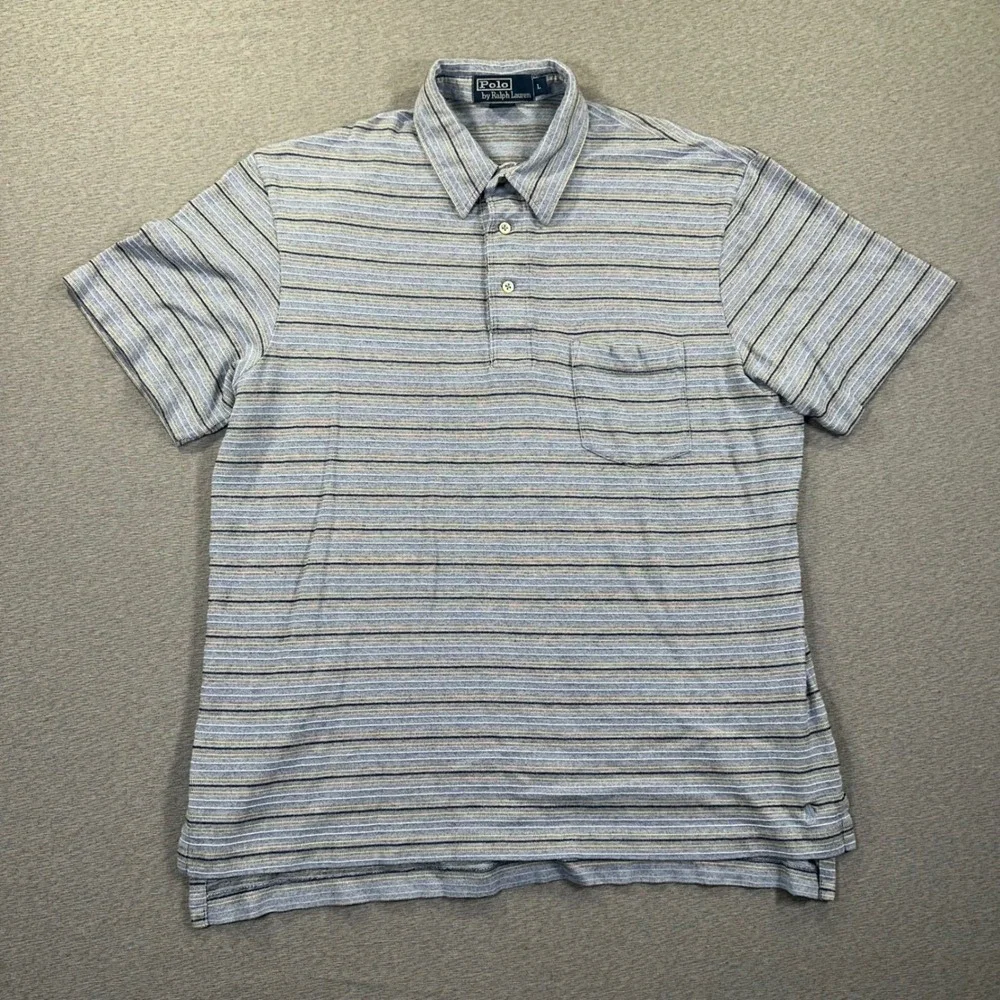 VTG Polo Ralph Lauren Polo Shirt Mens‎ L Blue Grey Striped Pima Cotton Textured